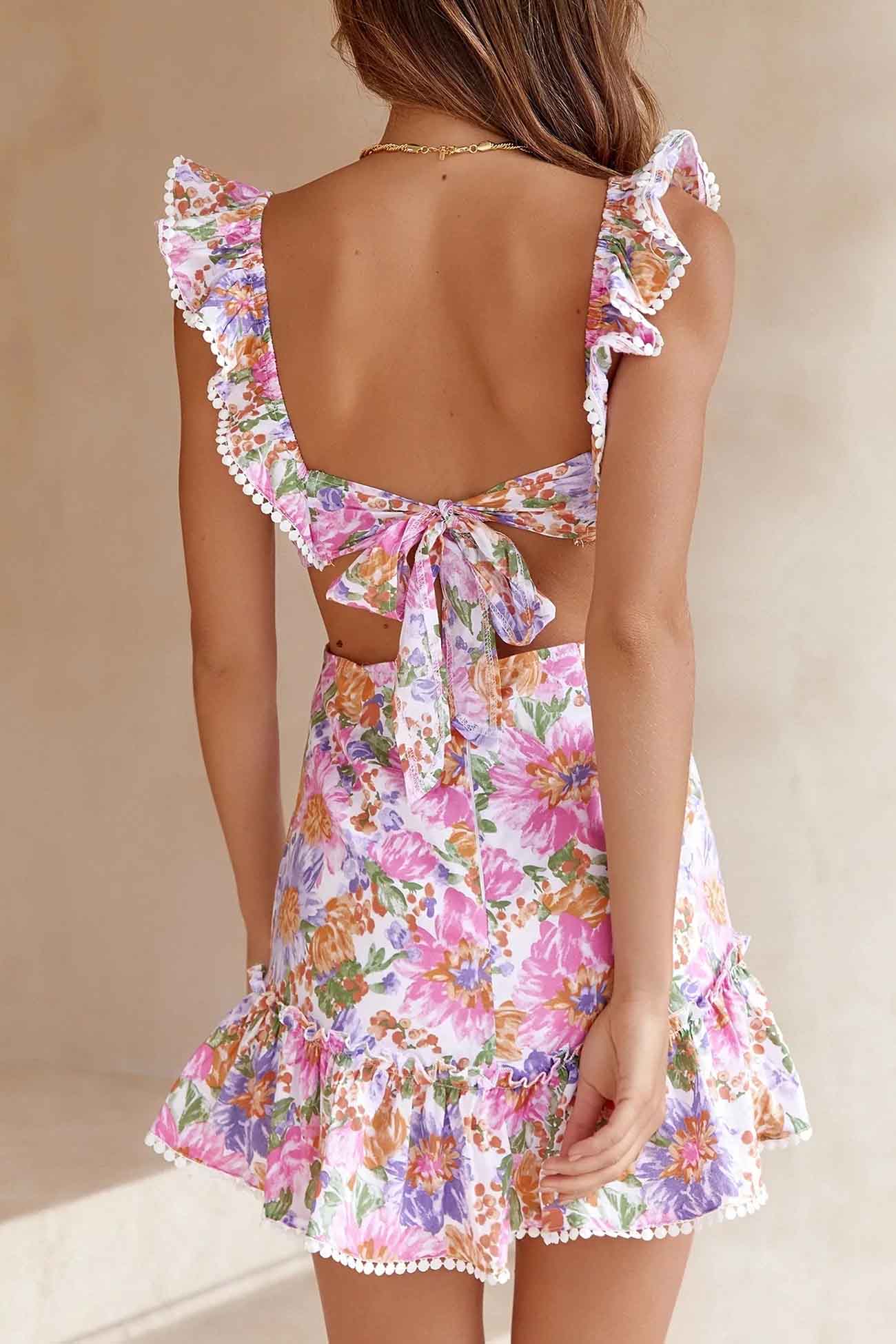 Conney - floral ruffle back tie mini dress