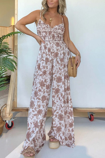 Women's Jumpsuit - Spaghetti Straps - Ruched Bodice - V-Neck - Wide-Leg Flowy Fit