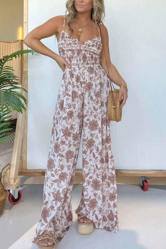 Ruched Bodice Wide-Leg Flowy Jumpsuit