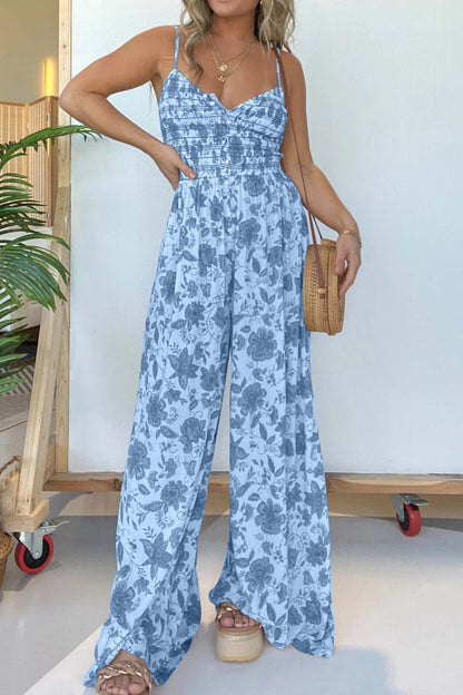 Women's Jumpsuit - Spaghetti Straps - Ruched Bodice - V-Neck - Wide-Leg Flowy Fit
