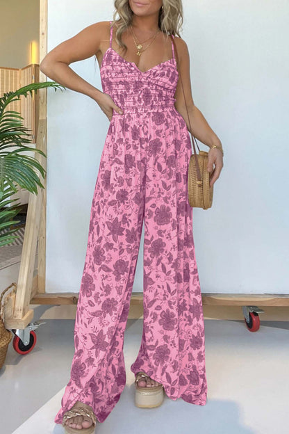 Women's Jumpsuit - Spaghetti Straps - Ruched Bodice - V-Neck - Wide-Leg Flowy Fit