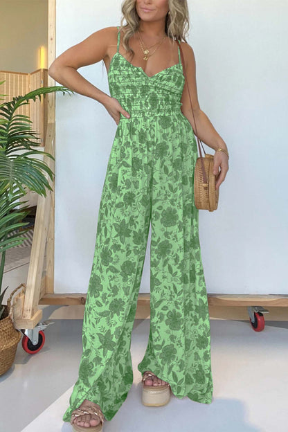 Women's Jumpsuit - Spaghetti Straps - Ruched Bodice - V-Neck - Wide-Leg Flowy Fit