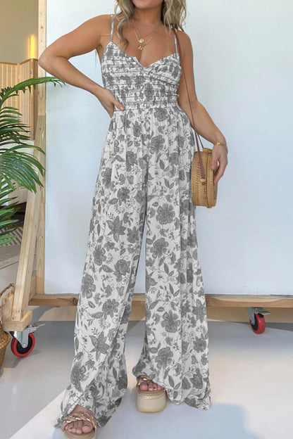 Women's Jumpsuit - Spaghetti Straps - Ruched Bodice - V-Neck - Wide-Leg Flowy Fit