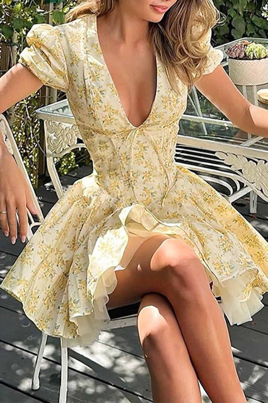 Puff Sleeve Flowy A-Line Mini Dress