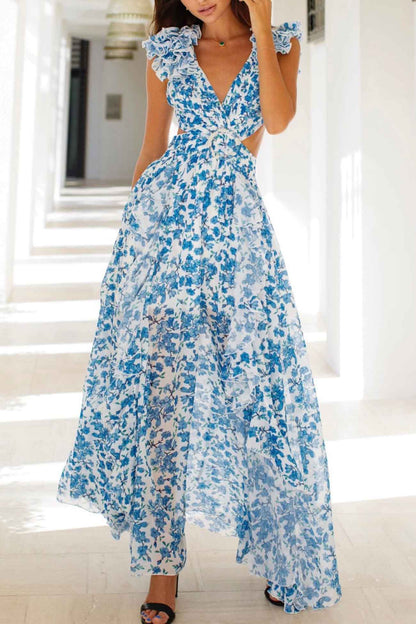 Women's Maxi Dress - Plunging V-Neck - Ruffled Sleeveless - Cutout Waist - High Slit