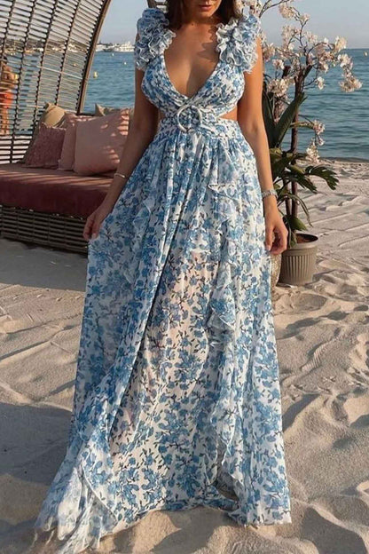 Women's Maxi Dress - Plunging V-Neck - Ruffled Sleeveless - Cutout Waist - High Slit