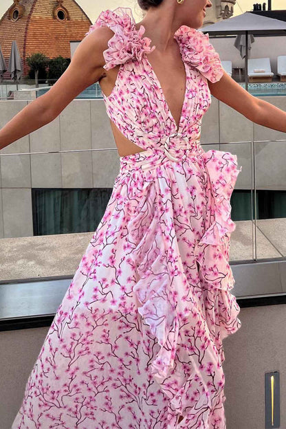 Women's Maxi Dress - Plunging V-Neck - Ruffled Sleeveless - Cutout Waist - High Slit