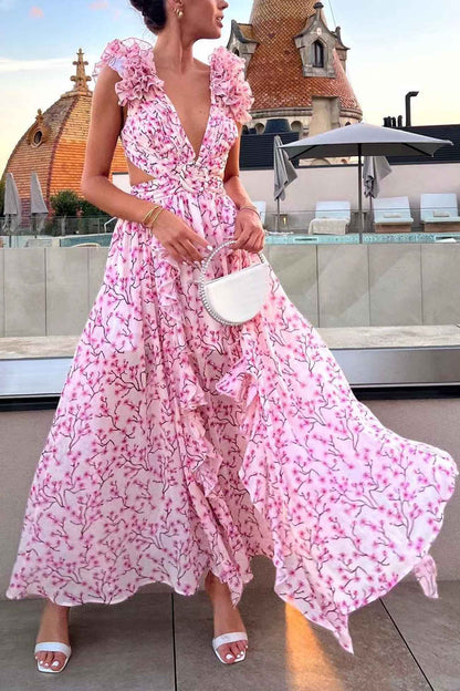 Women's Maxi Dress - Plunging V-Neck - Ruffled Sleeveless - Cutout Waist - High Slit