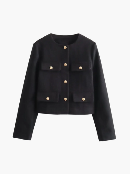 Women’s Tweed Jacket - Structured Fit - Button Front - Collarless Design - Flap Pockets