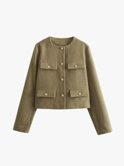 Women’s Tweed Jacket - Structured Fit - Button Front - Collarless Design - Flap Pockets