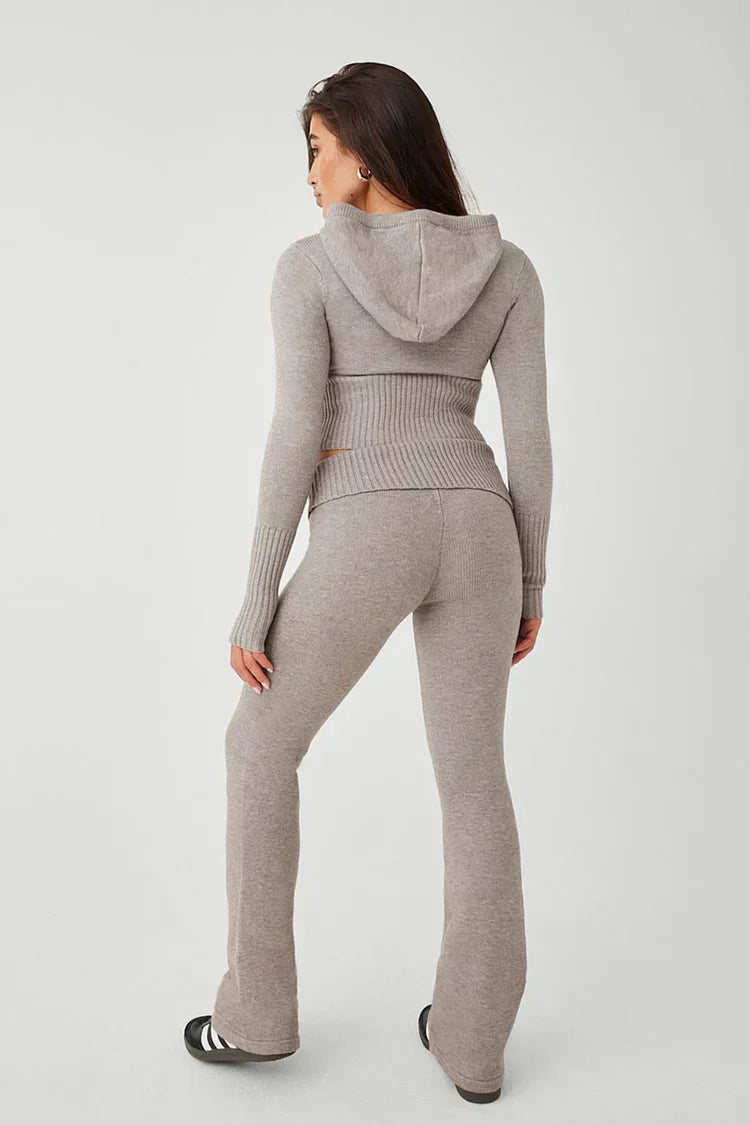 Women's cropped knitted hoodie and high waist trousers set