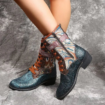 Women's ethnic style leather boots with embroidered heel