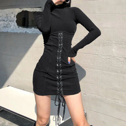 Women's Bodycon Mini Dress - Ribbed Knit - Long Sleeve - High Neck - Lace-Up Detail
