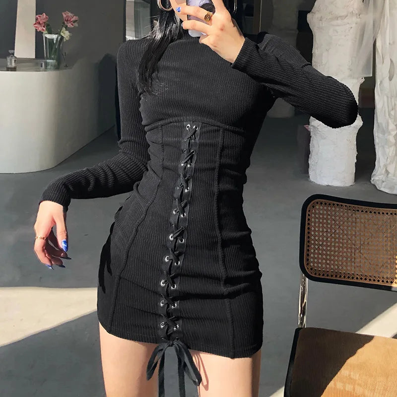 Women's Bodycon Mini Dress - Ribbed Knit - Long Sleeve - High Neck - Lace-Up Detail