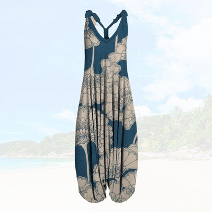 Women’s Jumpsuit – Relaxed Fit – Sleeveless – Low V-Neck – Breathable Blend – Full Length