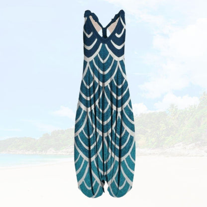 Women’s Jumpsuit – Relaxed Fit – Sleeveless – Low V-Neck – Breathable Blend – Full Length