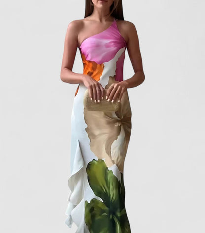 Women’s Evening Dress – Fitted Silhouette – Asymmetric Neckline – Luxury Fabric Patchwork