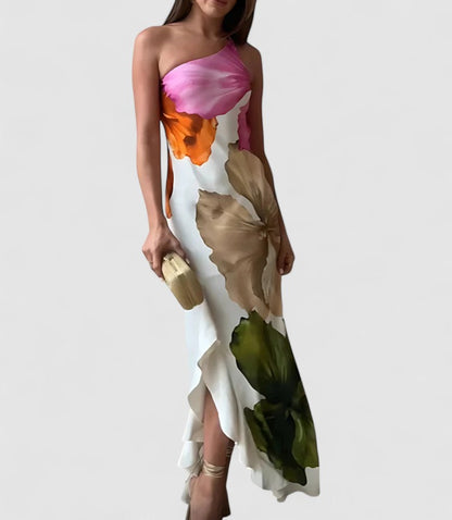 Women’s Evening Dress – Fitted Silhouette – Asymmetric Neckline – Luxury Fabric Patchwork