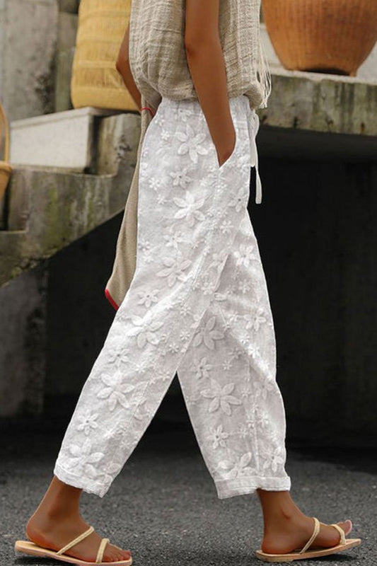 Embroidered Loose Fit Cropped Ankle Pants