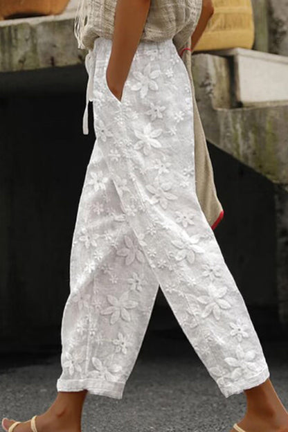 Women's Cropped Pants - Embroidered Loose Fit - Drawstring Waist - Ankle Length Casual Wear