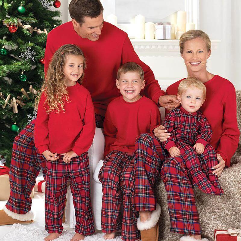 Family plaid pajama set with classic red check pattern