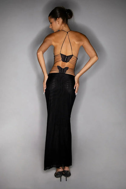 Women’s Full-Length Dress – Slim Fit – Chiffon Draping – Open Back – Butterfly Detail