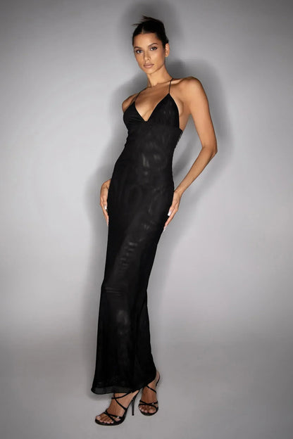 Women’s Full-Length Dress – Slim Fit – Chiffon Draping – Open Back – Butterfly Detail