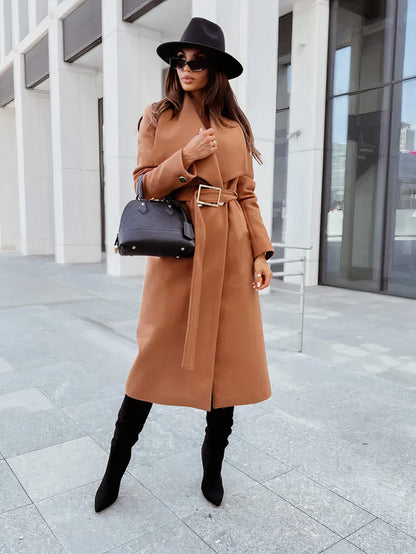 Women's simple lapel belted trench coat