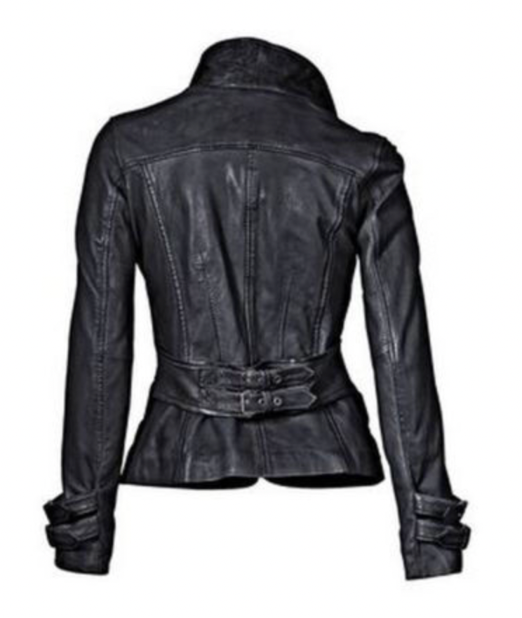 Black leather jacket for women with pockets button and  lapel