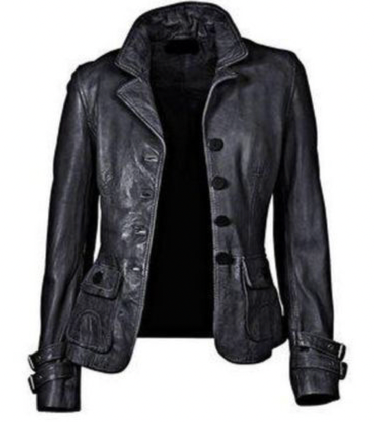 Black leather jacket for women with pockets button and  lapel