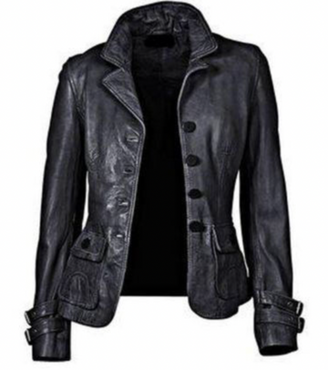 Black leather jacket for women with pockets button and  lapel