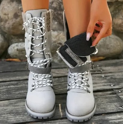 Women's mid-calf knitted boots with laces zipper and buckles