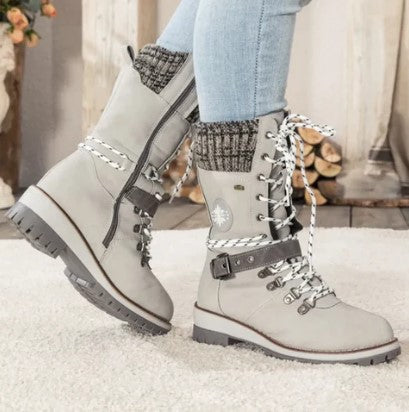 Women's mid-calf knitted boots with laces zipper and buckles