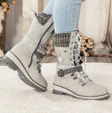 Women's mid-calf knitted boots with laces zipper and buckles