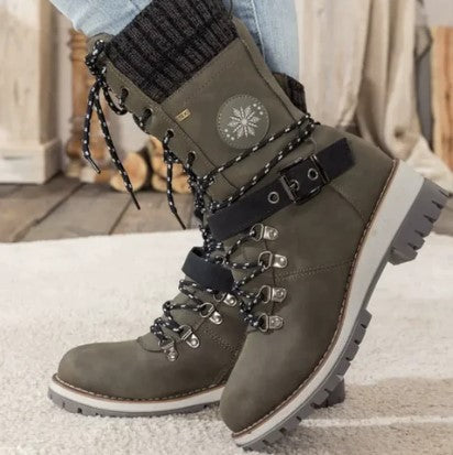 Women's mid-calf knitted boots with laces zipper and buckles