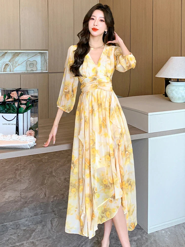 Women's Maxi Dress - Wrap V-Neck - Three-Quarter Sleeve - Flowy Lightweight Fabric