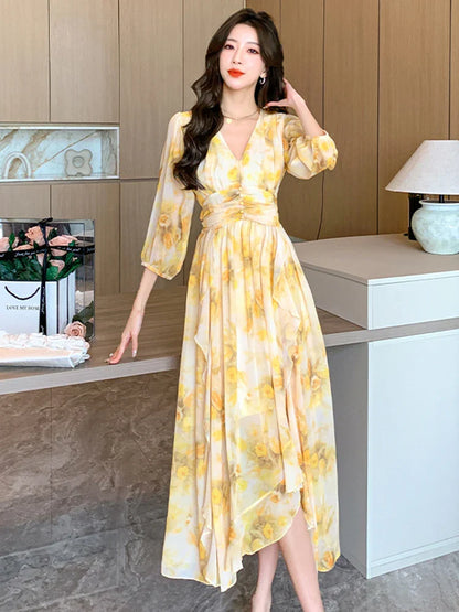 Women's Maxi Dress - Wrap V-Neck - Three-Quarter Sleeve - Flowy Lightweight Fabric