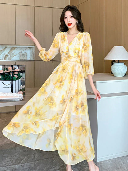 Women's Maxi Dress - Wrap V-Neck - Three-Quarter Sleeve - Flowy Lightweight Fabric