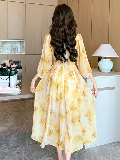 Women's Maxi Dress - Wrap V-Neck - Three-Quarter Sleeve - Flowy Lightweight Fabric