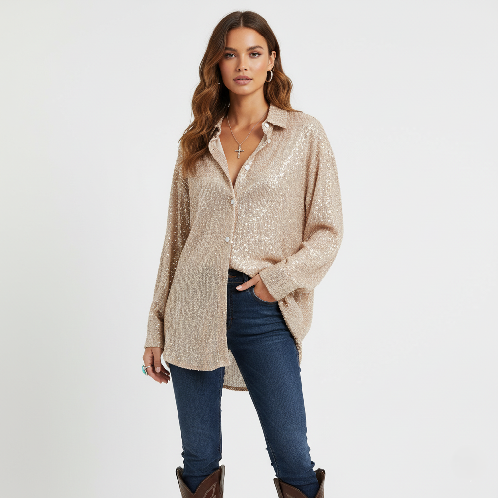 Elegant Sequin Long Sleeve Button-Up Shirt for Women
