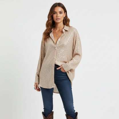 Elegant Sequin Long Sleeve Button-Up Shirt for Women