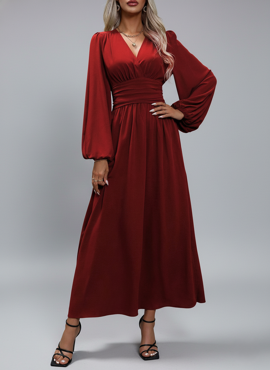 Deep V-Neck - Long Sleeve High Slit Maxi Dress