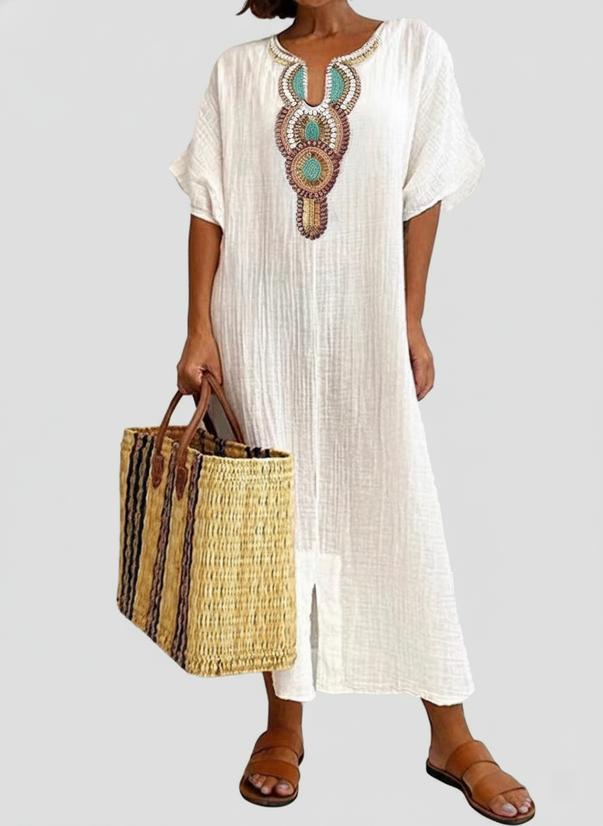 Flowy Beaded V-Neck Kaftan Dress