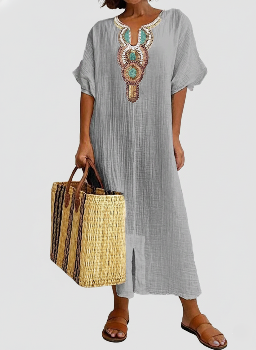 Flowy Beaded V-Neck Kaftan Dress