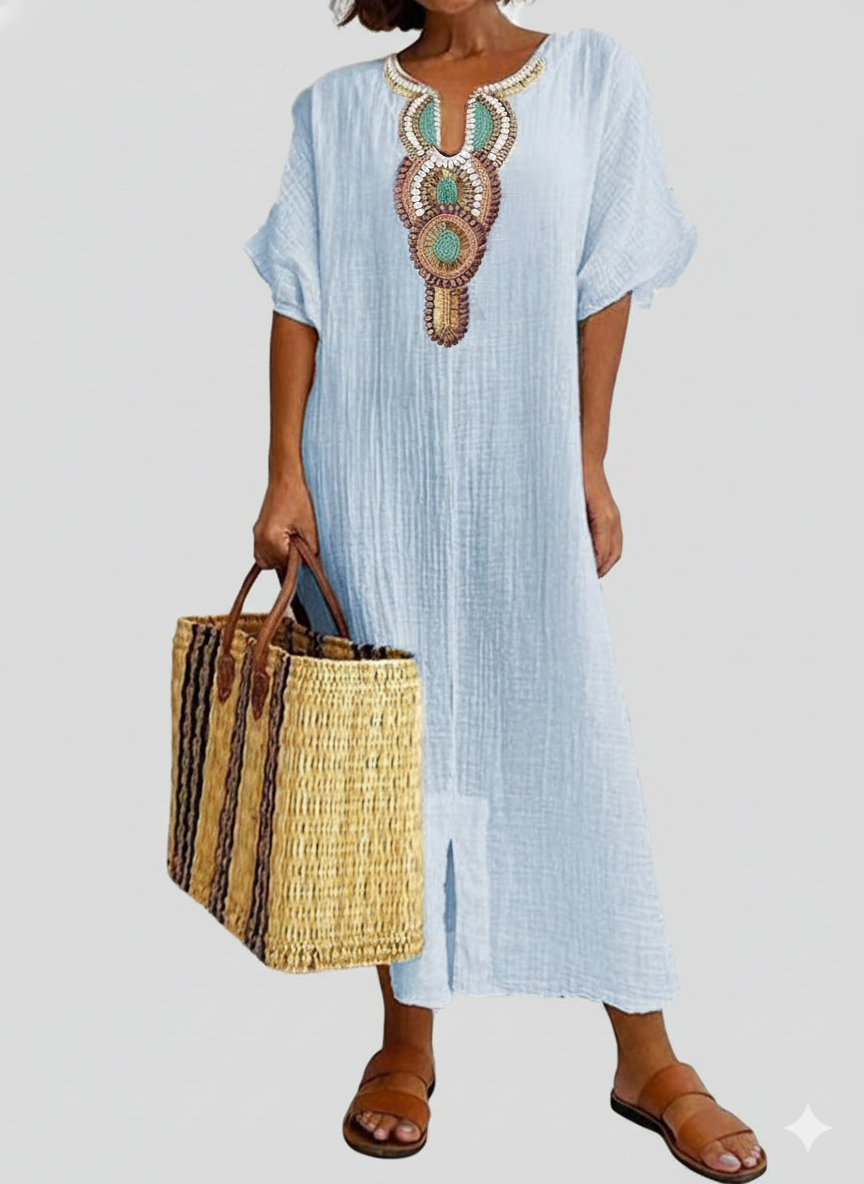 Flowy Beaded V-Neck Kaftan Dress