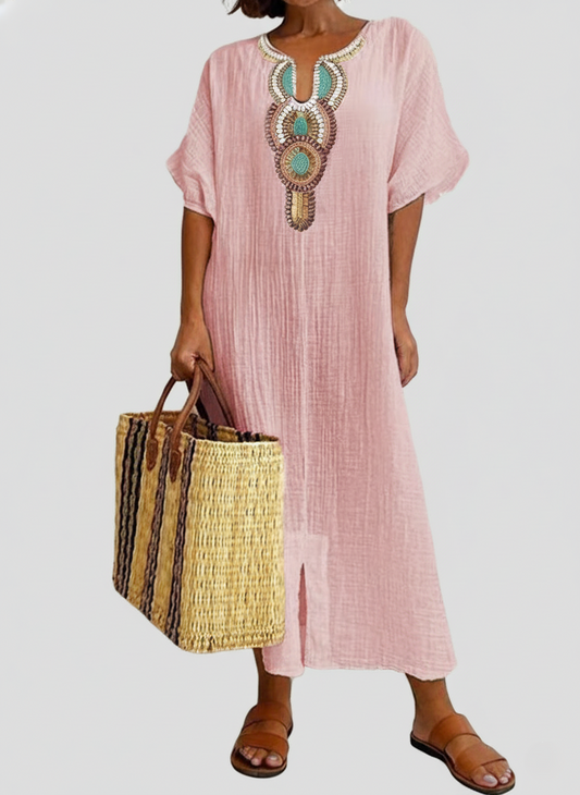 Flowy Beaded V-Neck Kaftan Dress
