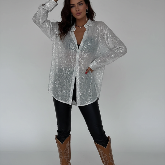 Elegant Sequin Long Sleeve Button-Up Shirt