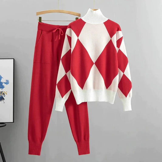 Diamond Plaid High Collar Top and Pants Set