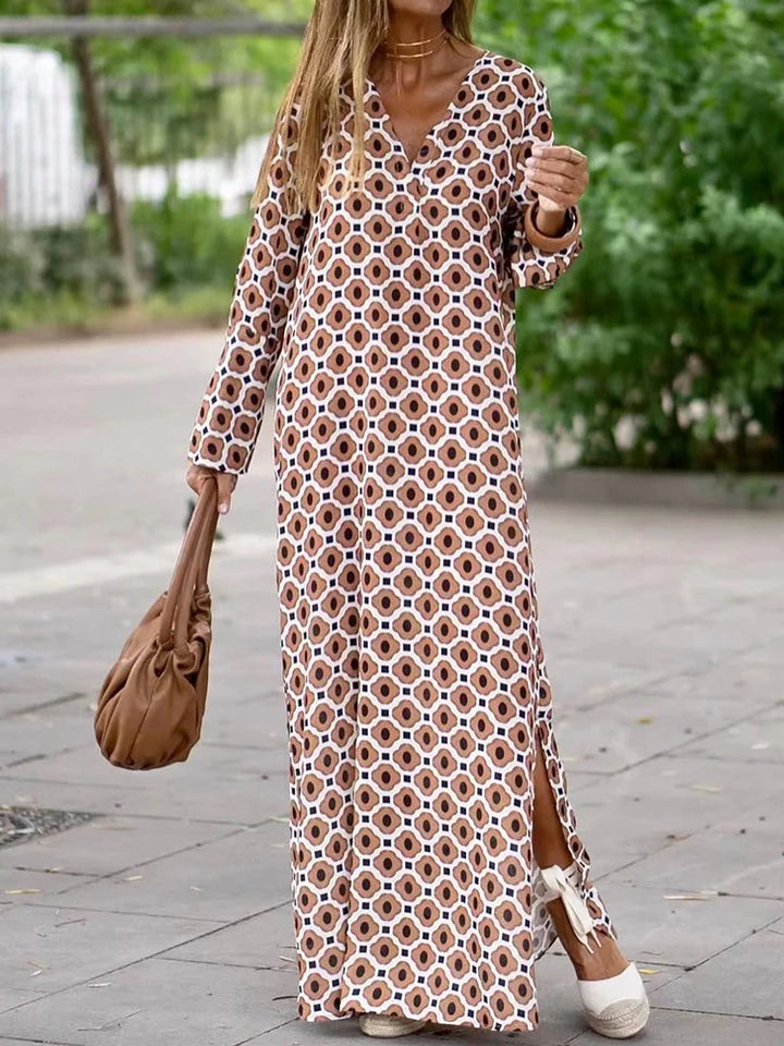 Women's Long-Sleeve Jumpsuit - V-Neck - Wide-Leg Flowing Fit - Geometric Pattern