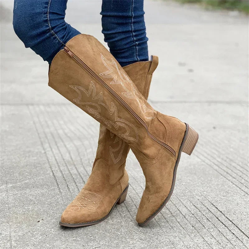 Embroidered Suede Western Style Cowboy Boots 